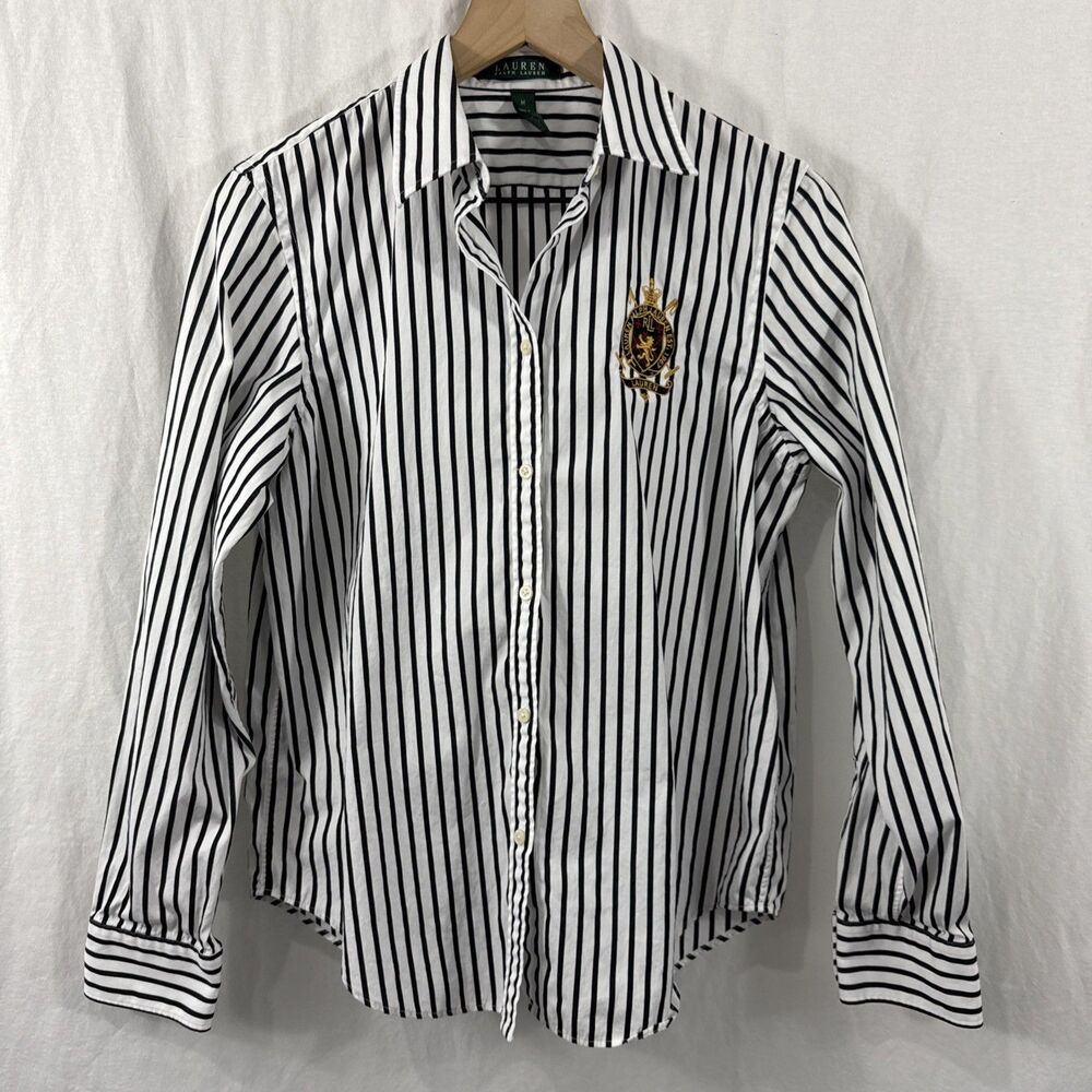Lauren Ralph Lauren Broadcloth Striped Embroidered Logo Button Shirt Womens Sz M